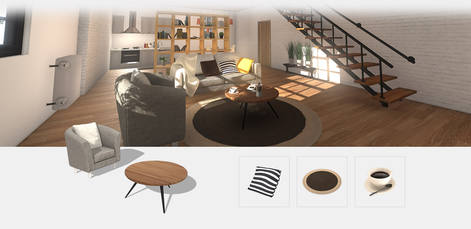 interior 3d scene - living room, kitchen