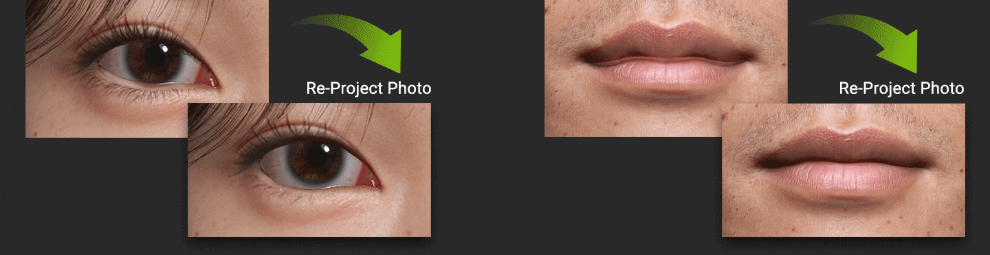 Texture reprojection process realigning UV maps across facial regions after mesh adjustment