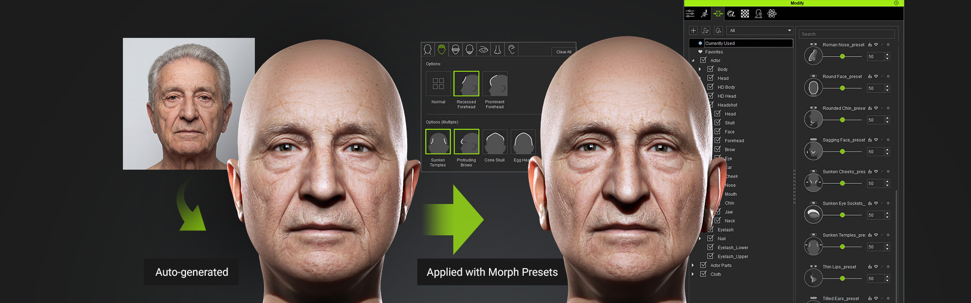 Facial feature preset sliders organized by facial zone in the Currently Used panel