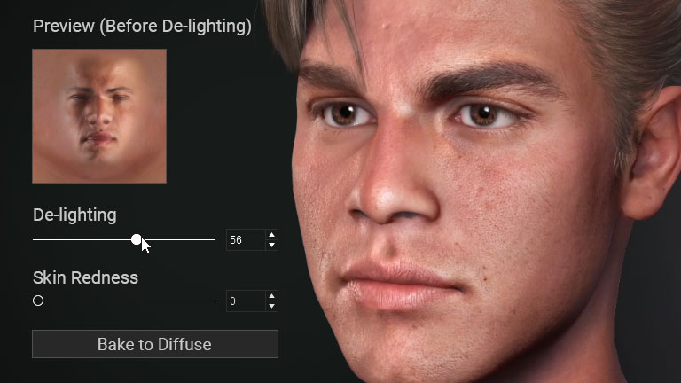De-lighting and skin redness correction showing removal of uneven shadows for a clean albedo texture
