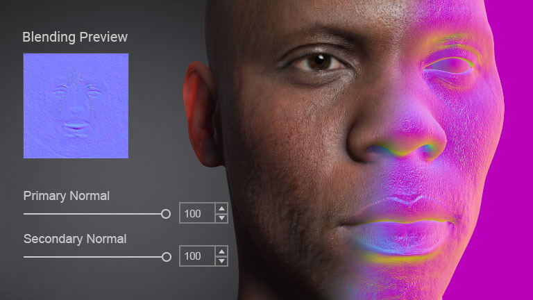 Primary and secondary normal map comparison showing muscle definition versus pore-level skin detail