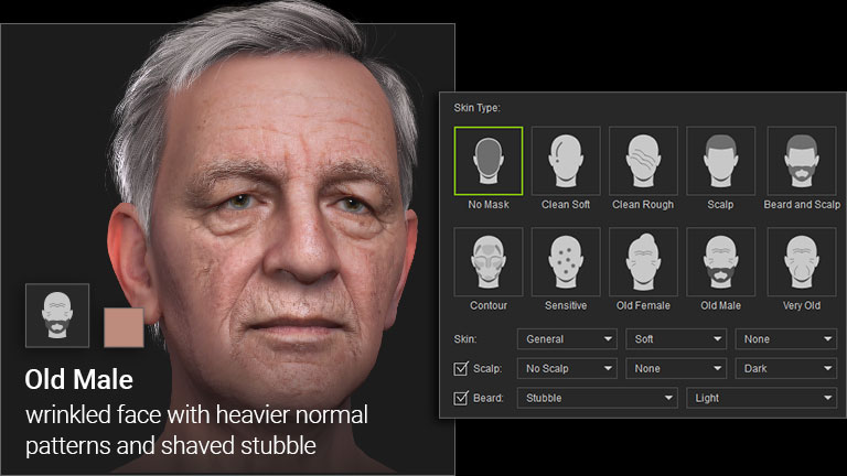 Old Male skin base preset for aged skin with deeper wrinkles and texture
