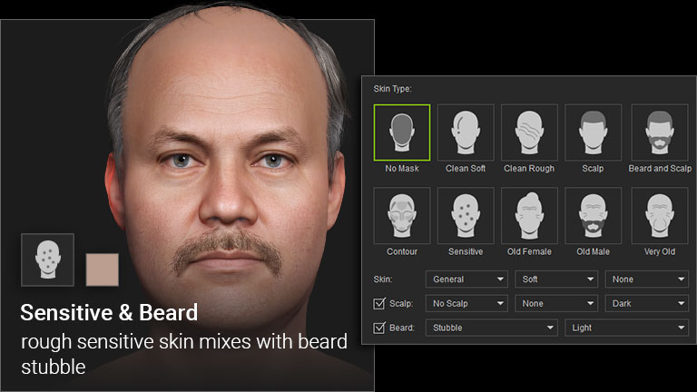 Sensitive and Beard skin base preset for skin with facial hair and finer texture detail