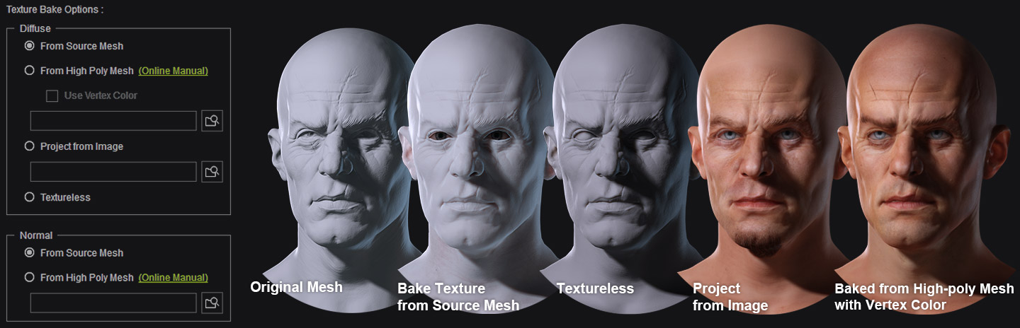 Texture baking result showing a high-detail CC character head at 4,000 quads with normal map and color projection applied