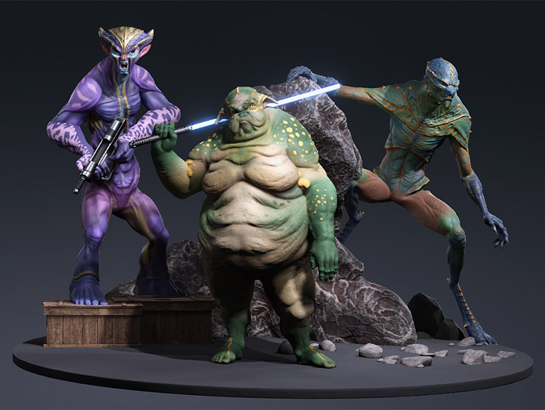 HD alien characters with lifelike skin textures, distinctive facial features, and realistic anatomy for cinematic character creation and customization.
