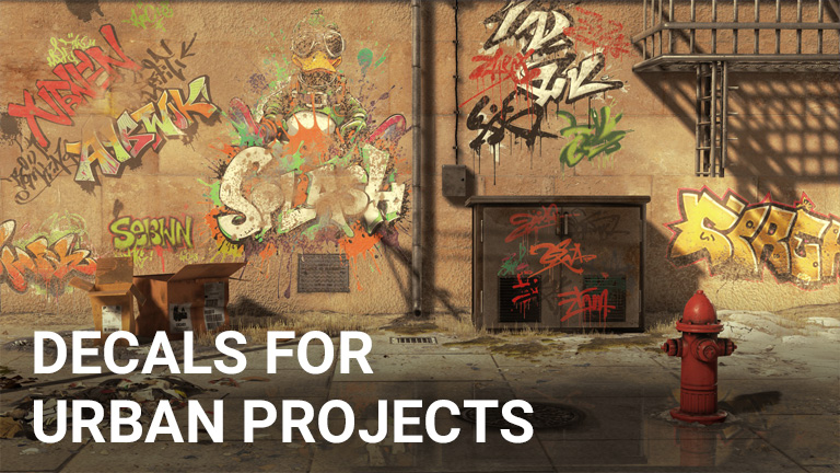 Urban Decals for streets and walls including graffiti, drains, puddles, and broken elements