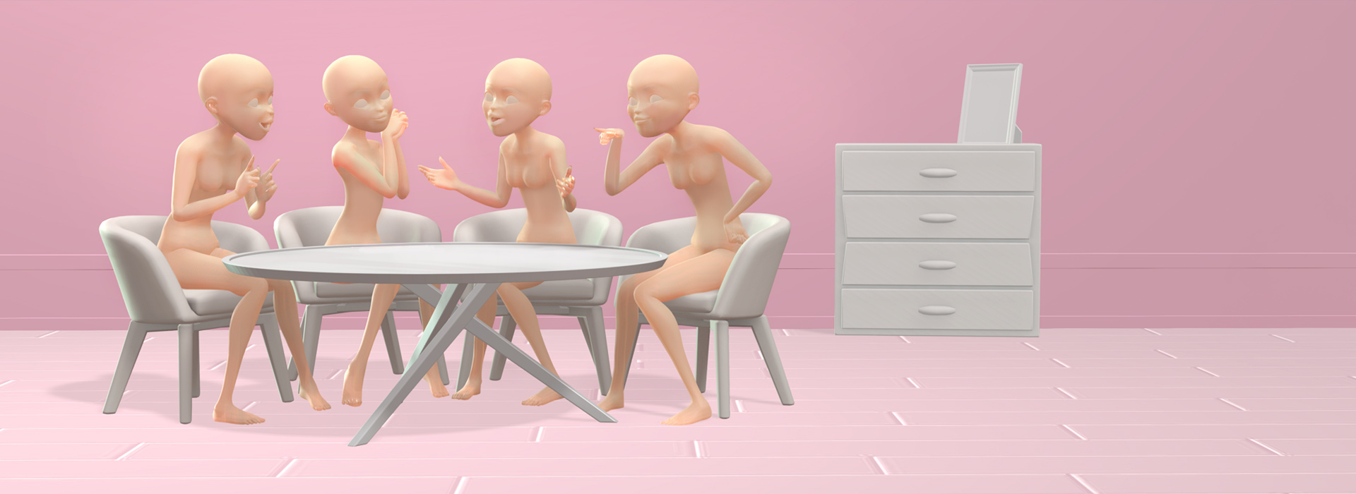classical cartoon motion - sit and talk female