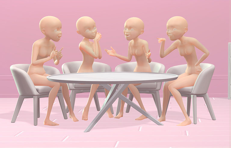 classical cartoon motion - sit and talk female