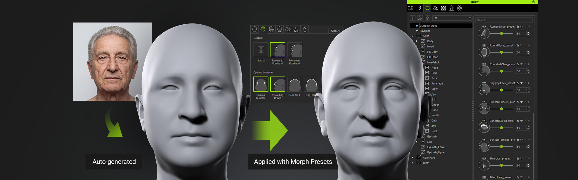 Facial feature preset sliders organized by facial zone in the Currently Used panel