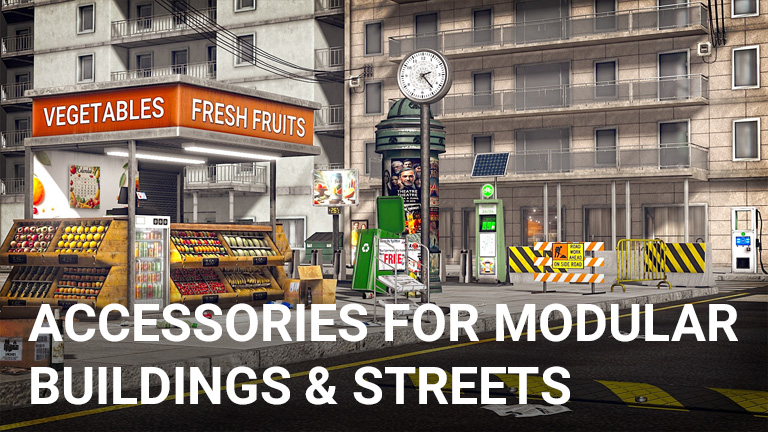 Urban Accessories pack with barriers, signs, trash bins, and rooftop props for city scenes