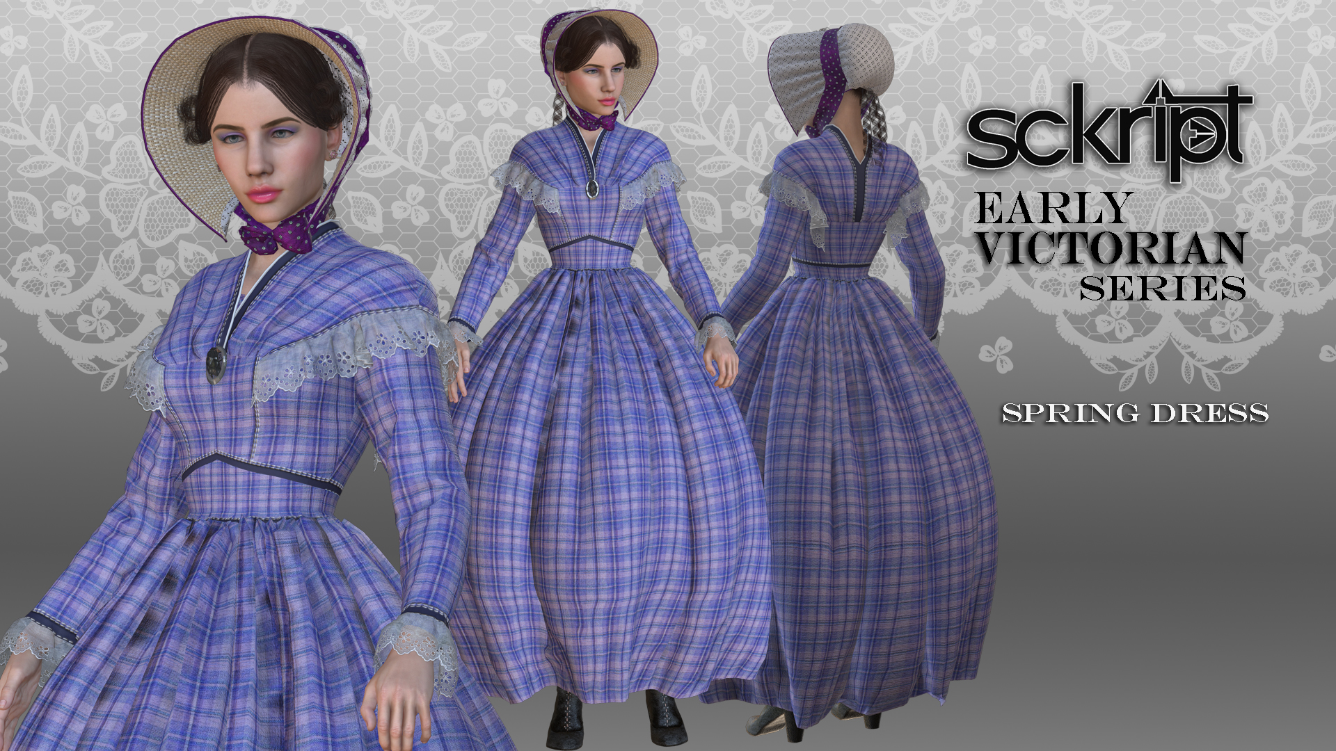 Sckript Early Victorian Dress and bonnet