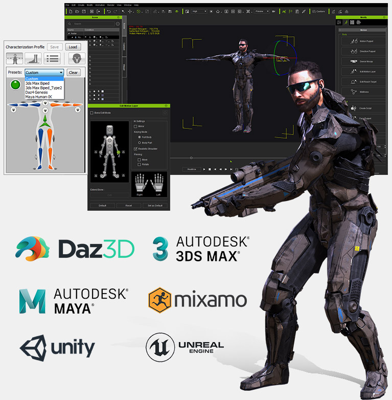animate characters from daz, maya, 3ds max, mixamo
