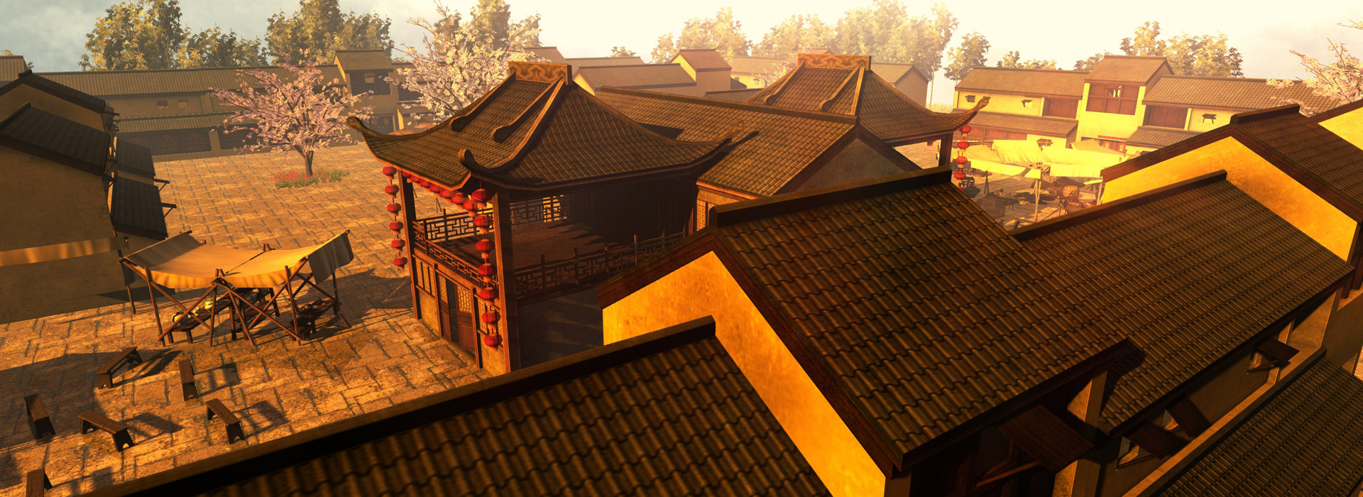 visual effects in 3d scene - china street, house